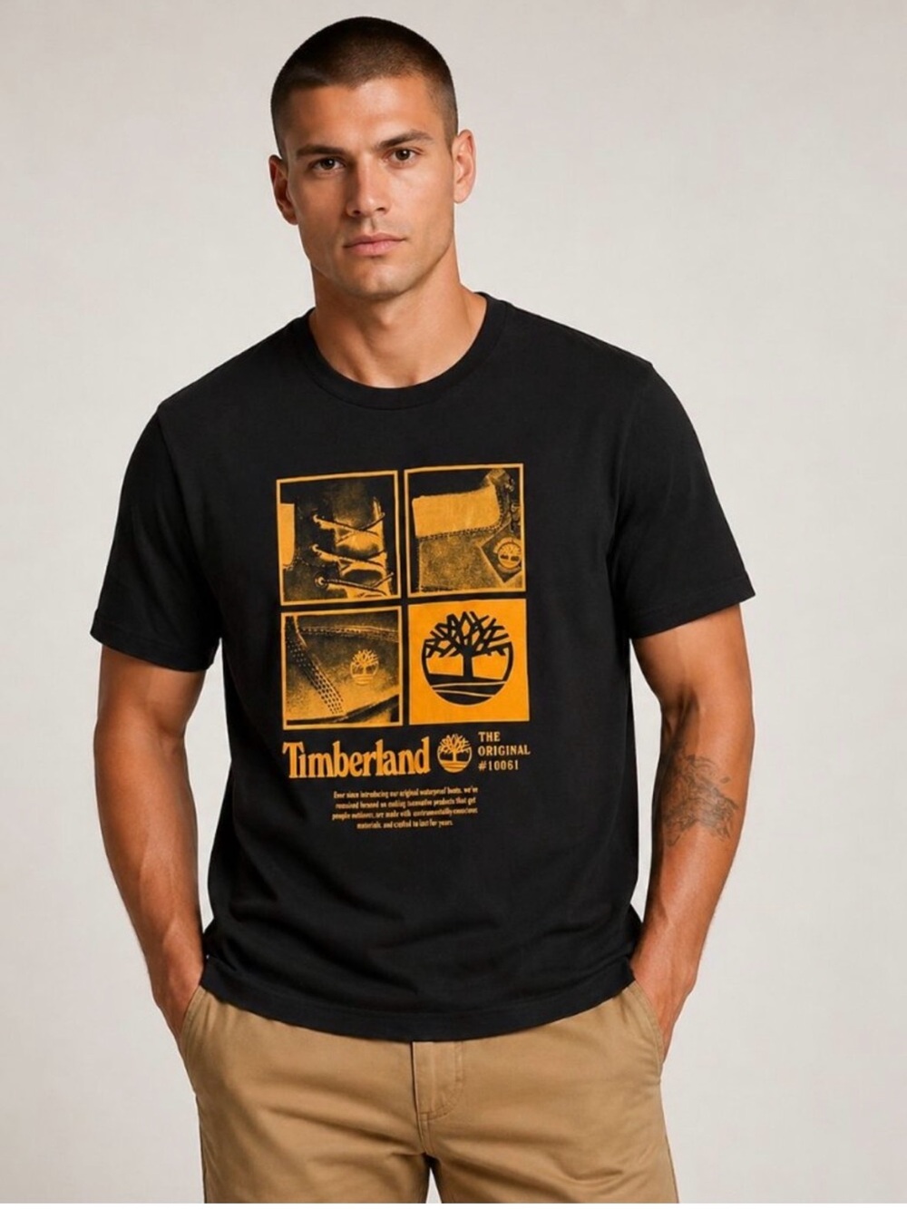 Timberland Black Short Sleeve Tee with Yellow Graphic Panels